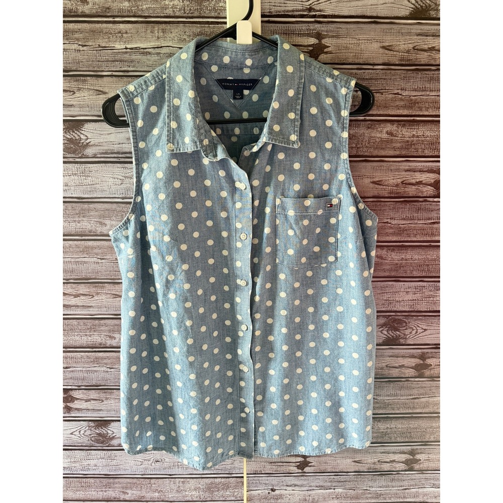 Tommy Hilfiger Women's Sleeveless Button-Down Top Sz L Blue White Polka-Dot Logo